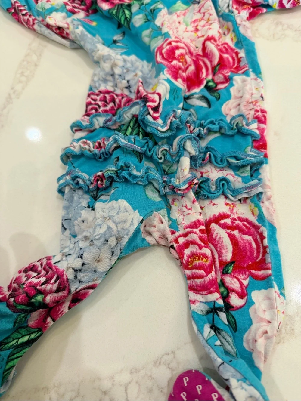 Posh Peanut Bamboo Floral Ruffle Footie + Headband 6-9M